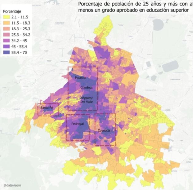 Mapa: Gente de Polanco, Condesa y Nápoles, con mayor nivel de estudios