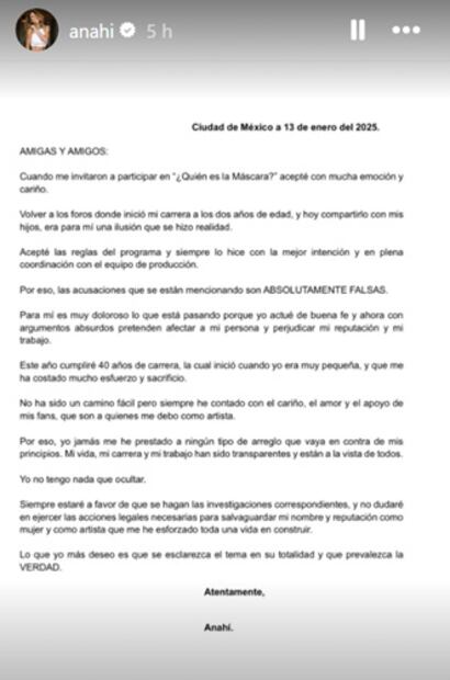 Con este mensaje, Anahí respondió a las acusaciones de Televisa. Foto: Instagram.