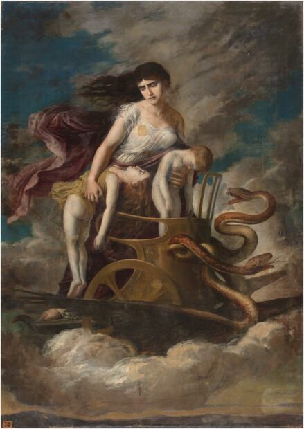 Medea, con los hijos muertos, huye de Corinto en un carro tirado por dragones, de Germán Hernández Amores, hacia 1887, óleo sobre lienzo. Foto: Museo del Prado