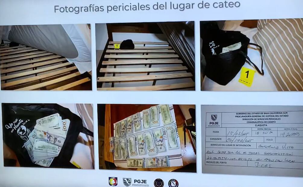 Autoridades asegura objetos y dinero tras detención de banda de ladrones colombianos en Baja California Sur (27/03/2025). Foto: Especial