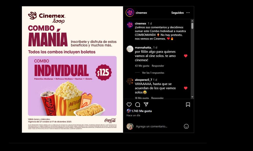 La cadena mexicana lanza una promoción para quienes disfrutan del cine en solitario.
Foto: Captura de pantalla en Instagram