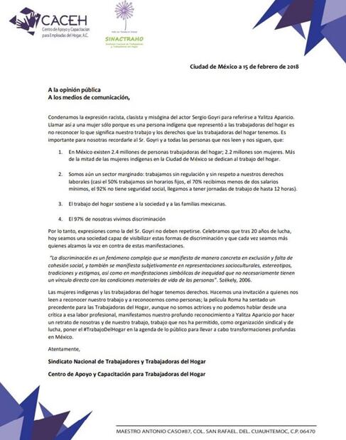 Condenamos expresiones racistas hacia Yalitza: Trabajadoras del hogar