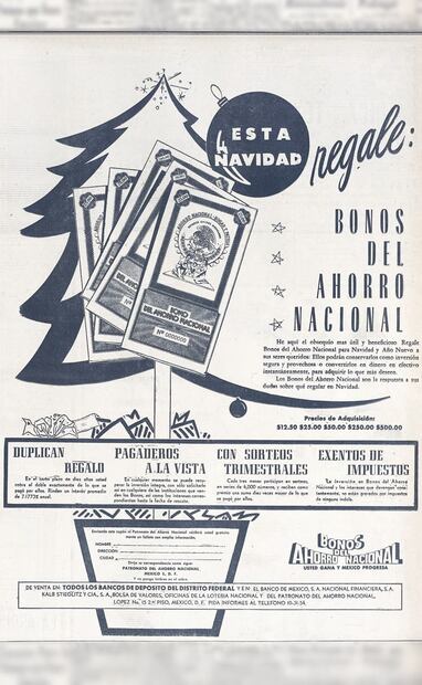 Publicidad “Regale Bonos del Ahorro Nacional”, 1950, ya fuera como una inversión a largo plazo o para que la persona pudiera cambiarlos de inmediato y usar ese dinero para lo que quisiera. Foto: Hemeroteca EL UNIVERSAL.