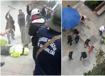 Disturbios en Bogotá: captan paliza entre cuatro hombres contra un policía municipal