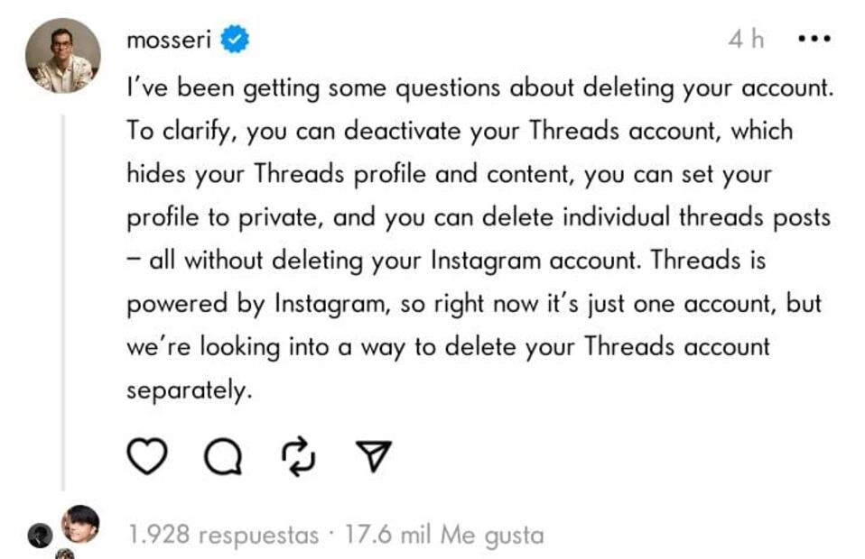 Adam Mosseri en Threads. Foto: Threads