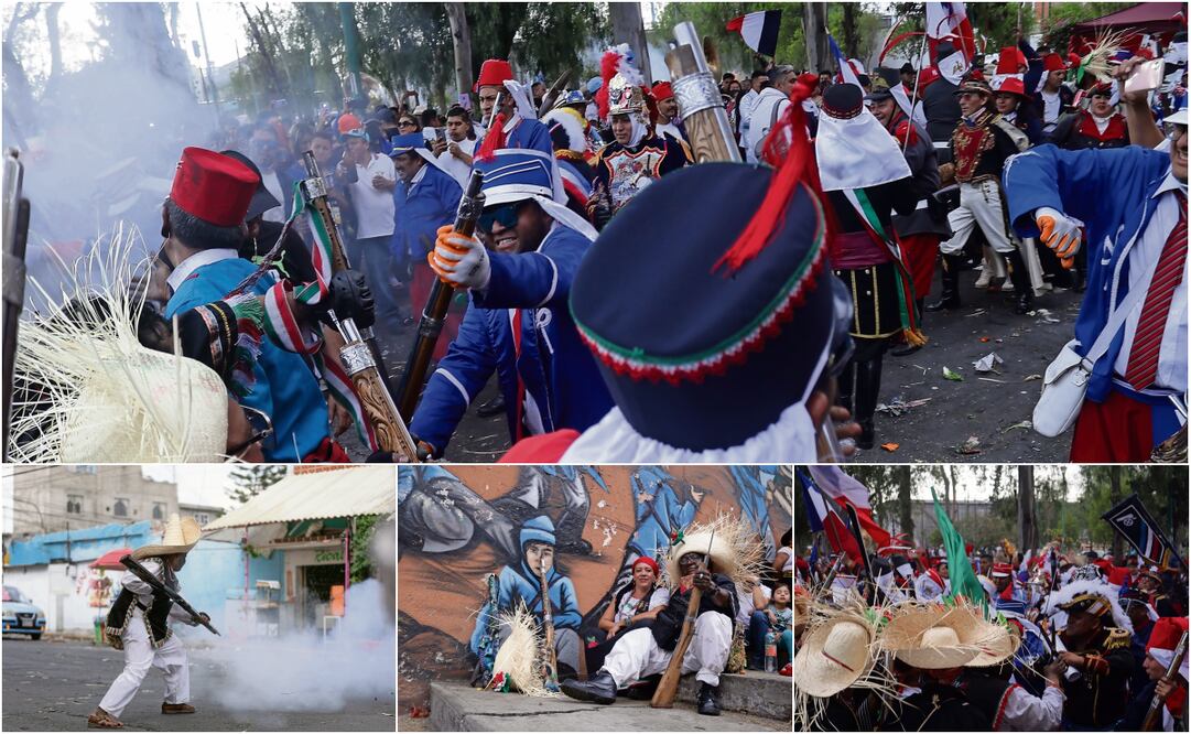 Vecinos de Peñón de los Baños caracterizados como los ejércitos mexicano y francés se enfrentaron tal y como sucedió en la batalla del 5 de mayo de 1862. Fotos: Fernanda Rojas / EL UNIVERSAL