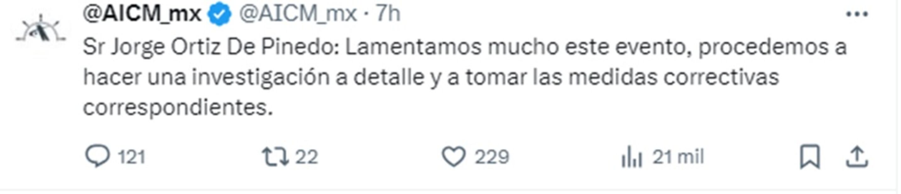 Esta fue la respuesta que el AICM dio al comediante en redes sociales. Foto: Captura de pantalla.