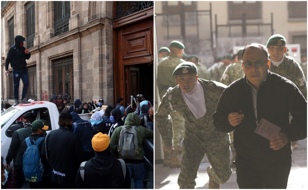 Con una camioneta de la CFE, normalistas derribaron la puerta de acceso al reciento de la calle Moneda / Trabajadores de Palacio corrían a resguardarse y policías militares arrojaban gas lacrimógeno. Fotos: Salvador Cisneros y Carlos Mejía / EL UNIVERSAL