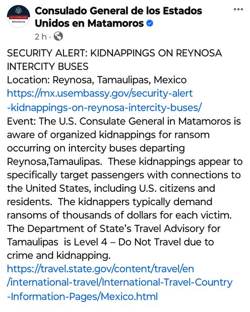 El Consulado de México asegura que estos secuestros parecen apuntar específicamente a pasajeros con conexiones a los Estados Unidos. Foto: captura de pantalla