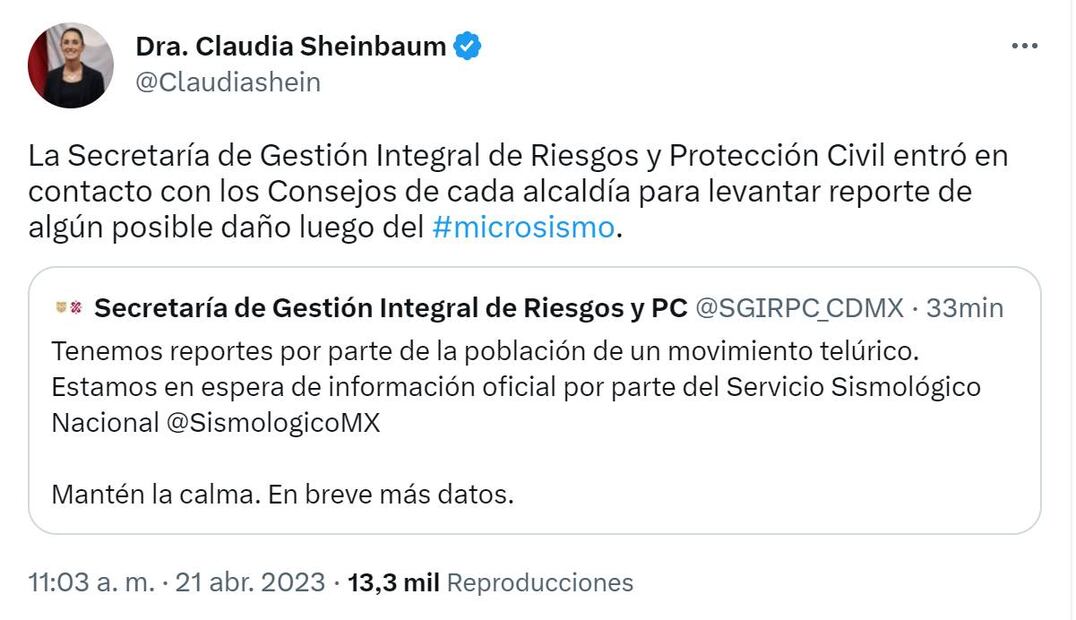 Microsismo en la Ciudad de México. Foto: @Claudiashein