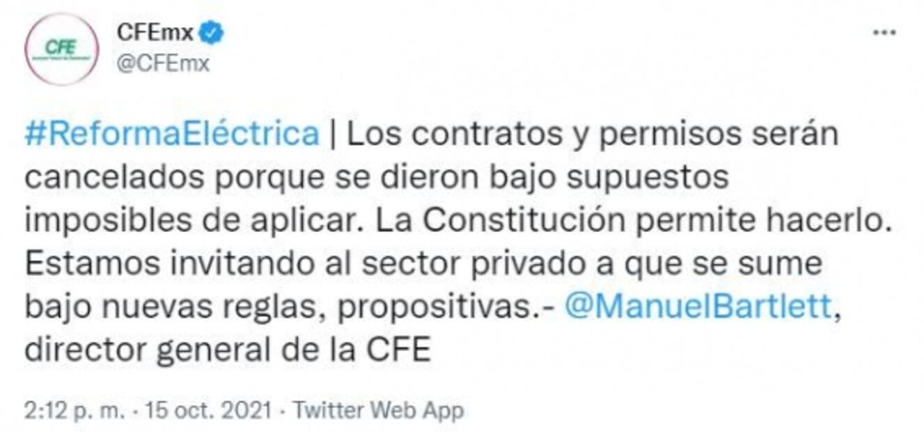 Bartlett adelanta que contratos y permisos serán cancelados en reforma eléctrica