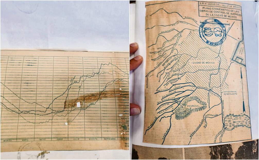 EL UNIVERSAL revisó libros encuadernados con planos de los niveles de agua, y lo que se observó fue papel amarillento, roto y con información desvanecida. Fotos: Reyna Paz / EL UNIVERSAL