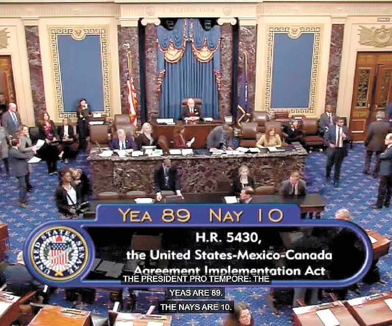 Captura de pantalla de un video cedido por el Senado estadounidense que muestra la votación y aprobación del nuevo tratado de libre comercio entre México, Estados Unidos y Canadá. Foto: EFE