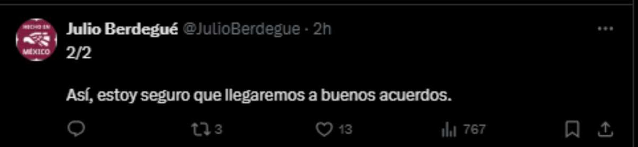 Post de Julio Berdegué sobre su respuesta a carta de EU. Foto: Captura de pantalla de la cuenta de X de @JulioBerdegue.
