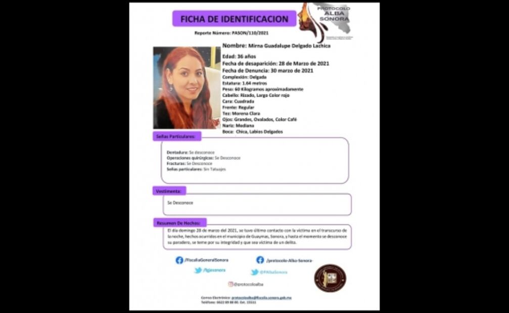 Activan Protocolo Alba en Sonora por desaparición de Mirna Guadalupe Lachica