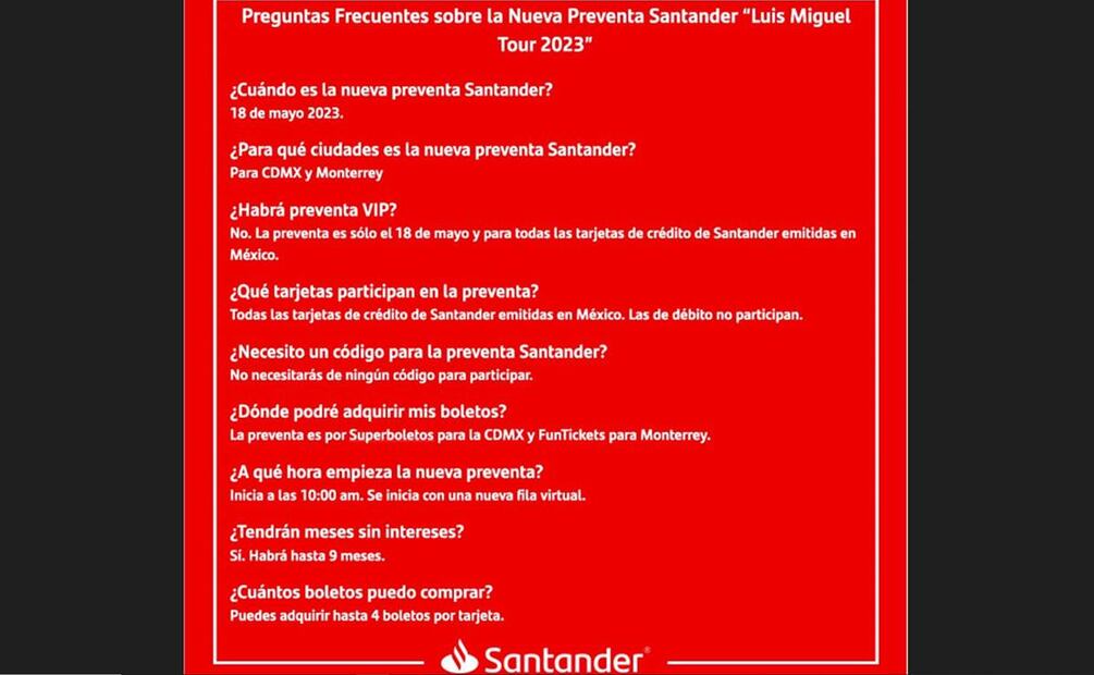 Santander tendrá una nueva preventa el jueves 18 de mayo para sus clientes con tarjeta de crédito. Foto: Especial