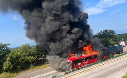 Tráiler se impacta con un autobús en la autopista Puebla-Veracruz; ambas unidades se incendiaron