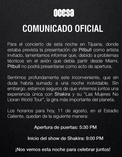 Ocesa anunció la cancelación de Pitbull como invitado de Shakira. Foto. Captura de pantalla.