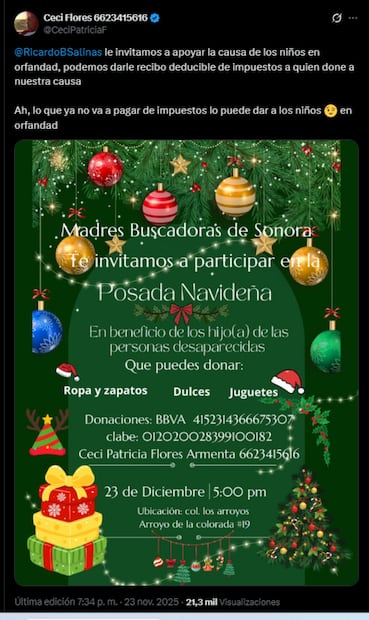 Posada navideña organizada por Ceci Flores en apoyo a los niños de padres desaparecidos. Foto: captura de pantalla