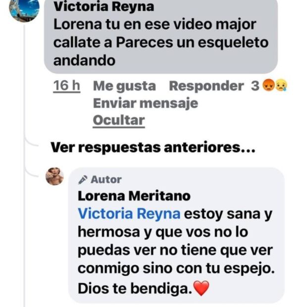 Lorena Meritano exhibe a cibernauta que le dice "esqueleto andando"