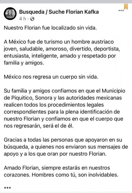 Localizan cuerpo sin vida de austriaco desaparecido en Sonora, informa familia en redes