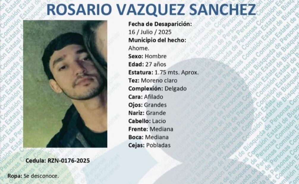Ficha de búsqueda de Rosario Vázquez (22/07/2025). Foto: Especial