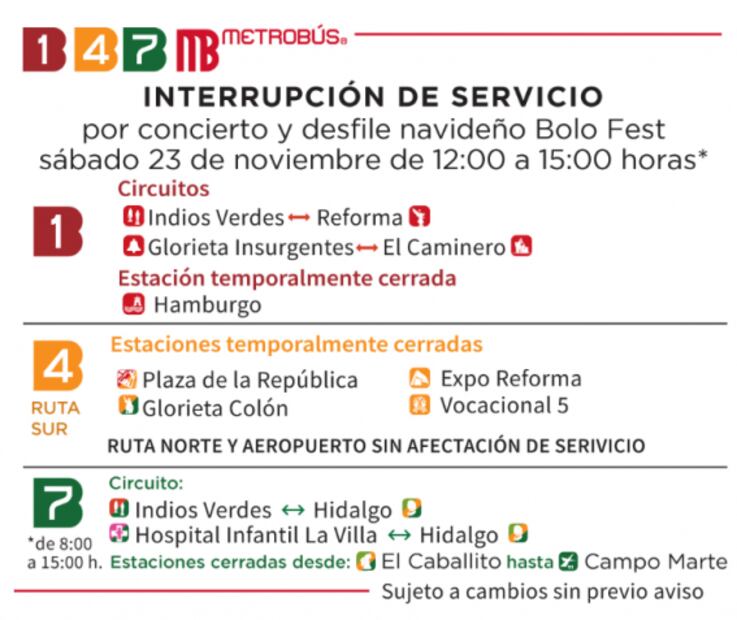 Metrobús tendrá cortes a la circulación por desfile navideño