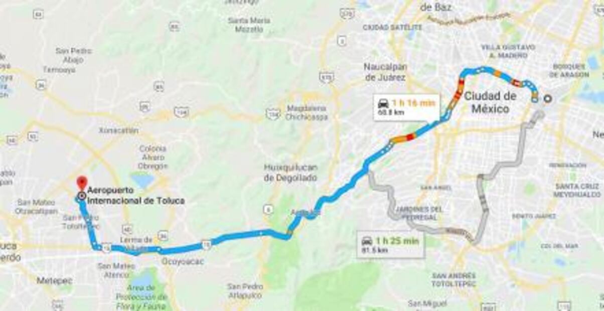 ¿Cuánto tiempo harás de la base de Santa Lucía al aeropuerto de la CDMX y al de Toluca?
