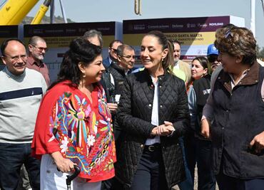Claudia Sheinbaum supervisa obra del Trolebús Elevado Santa Martha Acatitla-Chalco; la acompañan Delfina Gómez y Clara Brugada