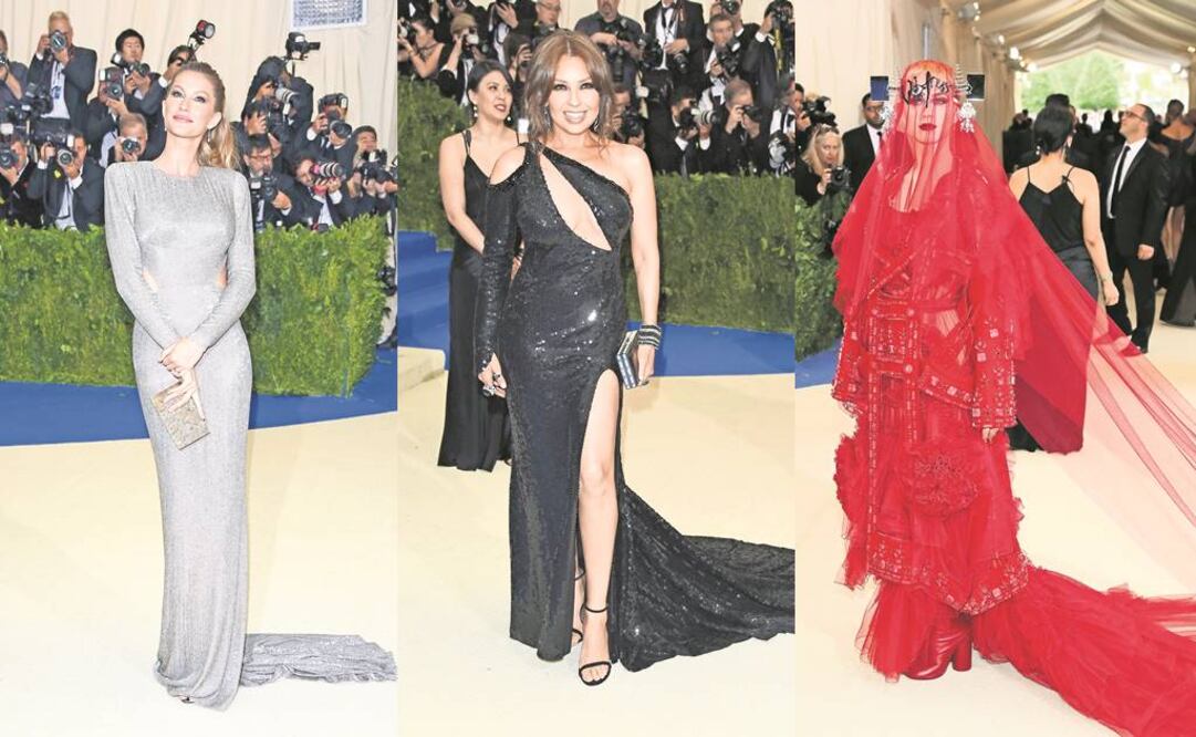 Izq. a der.) Gisele Bundchen se vistió de plata, Thalía es fiel a la gala y Katy Perry acaparó los flashes con su espectacular atuendo ( AP Y AFP)