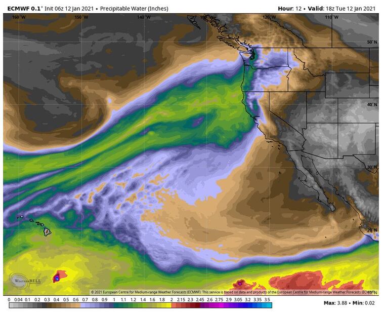 El “Pineapple Express”, un fenómeno climático que canaliza humedad desde Hawái hacia la costa oeste de Norteamérica, desencadenando fuertes lluvias y tormentas. Crédito: Creative Commons.