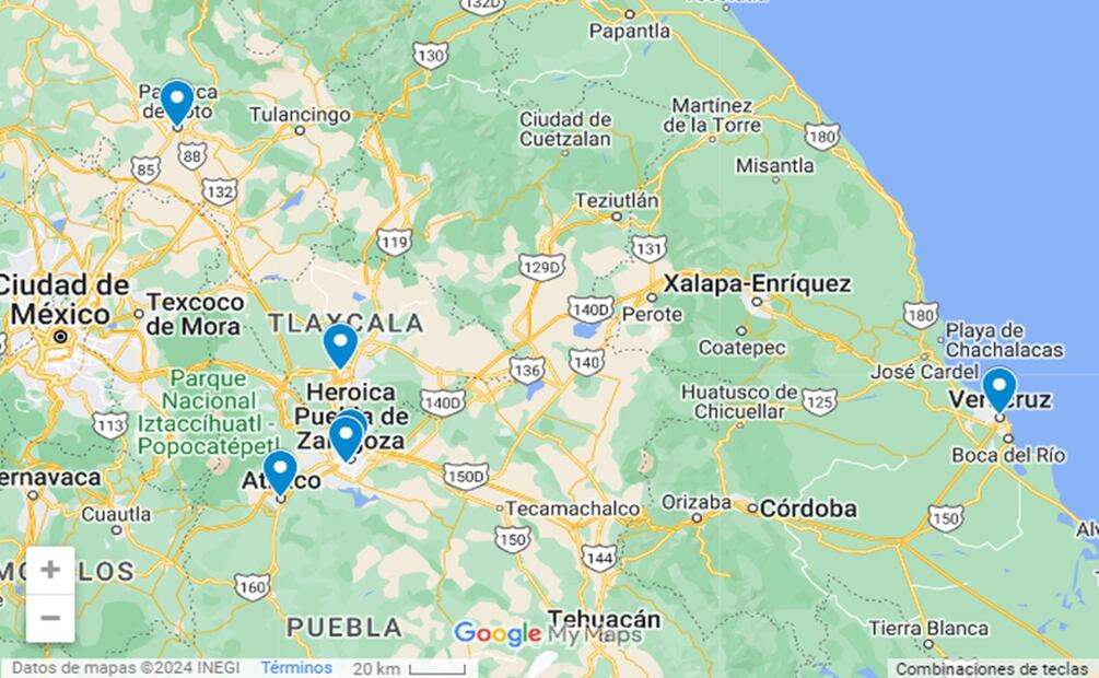 Mapa de estados en los que caerá ceniza, al 11 de marzo 2024. Foto: Screenshot, Google maps.