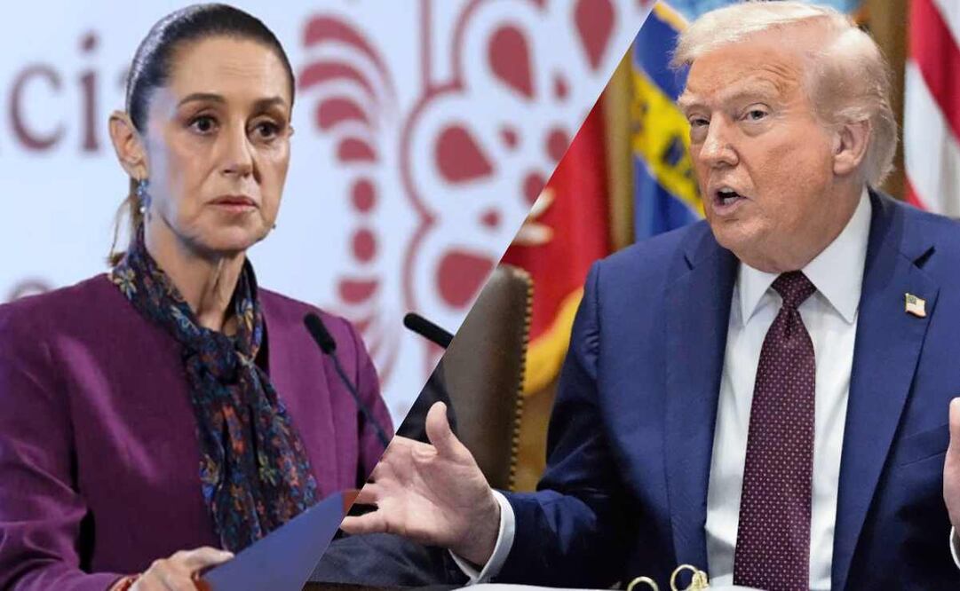 La presidenta Claudia Sheinbaum Pardo durante la mañanera del 3 de septiembre de 2025 y el presidente de Estados Unidos, Donald Trump. Fotos: Fernanda Rojas/EL UNIVERSAL y AP.