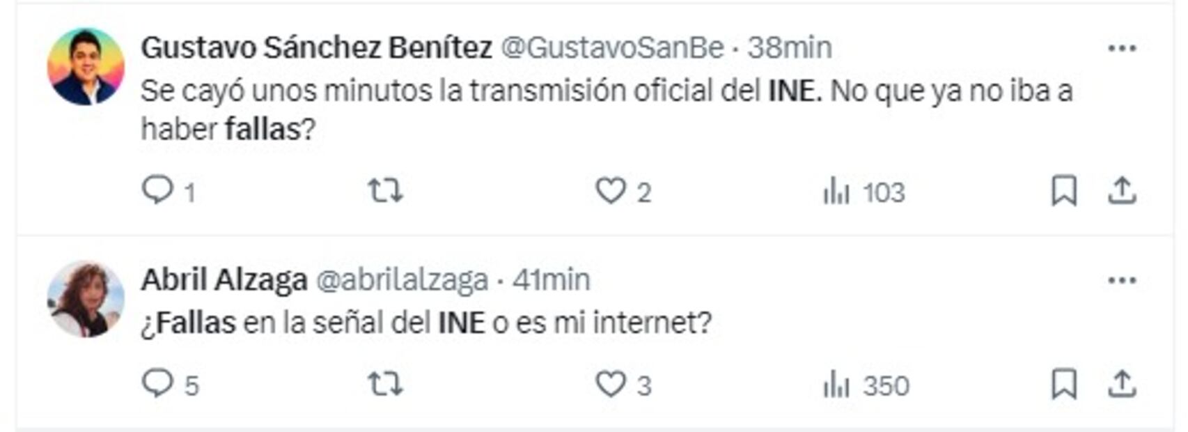 Quejas usuarios fallas transmisión del INE. / Foto: X