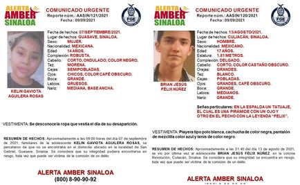 Emiten Alerta Amber en Sinaloa para localizar a dos menores de 17 y 14 años de edad