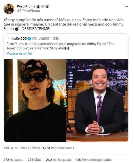 Peso Pluma hizo pública su participación con Jimmy Fallon en sus redes sociales. Foto: Twitter