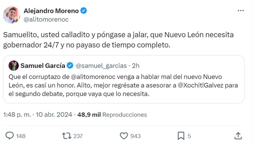 Alito Moreno se lanza contra Samuel García. Foto: Captura de pantalla.