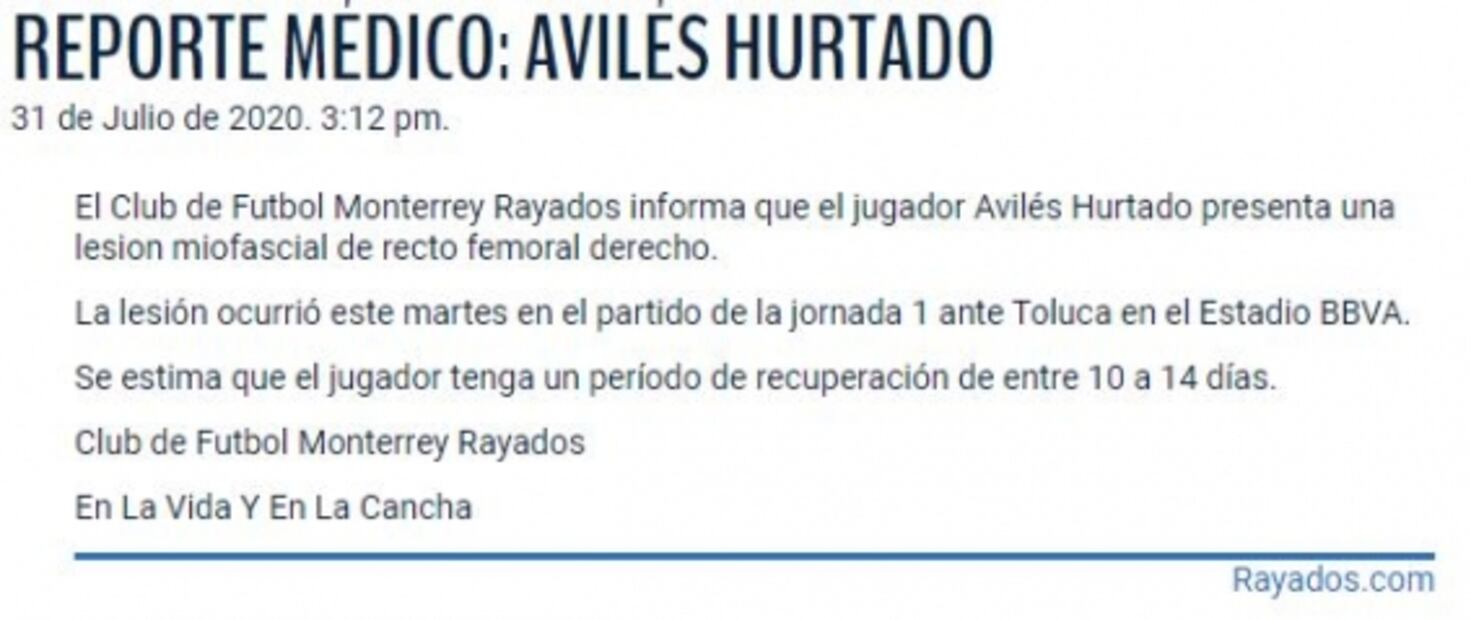 Avilés Hurtado es baja de Rayados por lesión