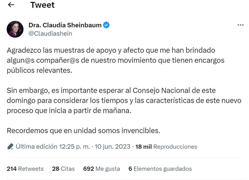 Sheinbaum agradeció las muestras de apoyo. Foto: @Claudiashein