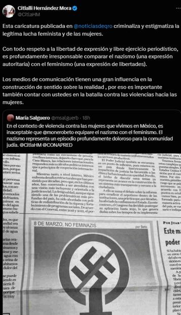 Citlalli Hernández condena caricatura que compara feminismo con nazismo. Foto: Captura de Pantalla