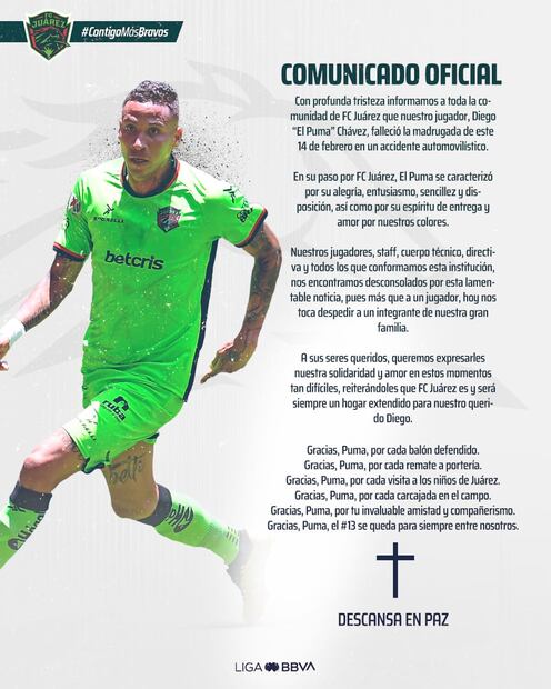 FC Juárez lamenta el fallecimiento de Diego Chávez. FOTO: @fcjuarezoficial