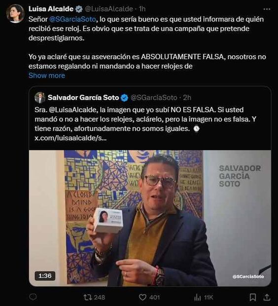 Posteos de Luisa María Alcalde y Salvador García Soto en X. Foto: Captura de pantalla
