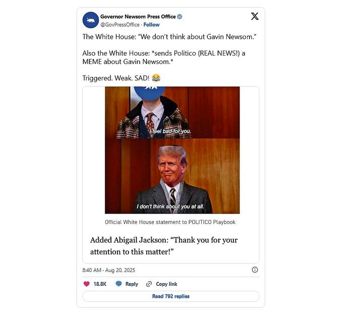 La oficina del gobernador Gavin Newsom ha posteado memes contra la Casa Blanca. Foto: Especial