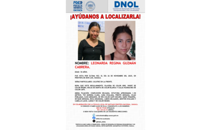 Leonarda Regina Guzmán desaparece en municipio de Oaxaca; suman 10 menores no localizados en el estado en lo que va de noviembre