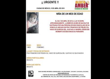 Activan Alerta Amber por bebé de un mes desparecida