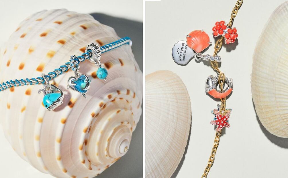 El turquesa y el coral son los tonos que predominan en detalles marinos de la colección Verano 2025 de Pandora. Foto: Cortesía