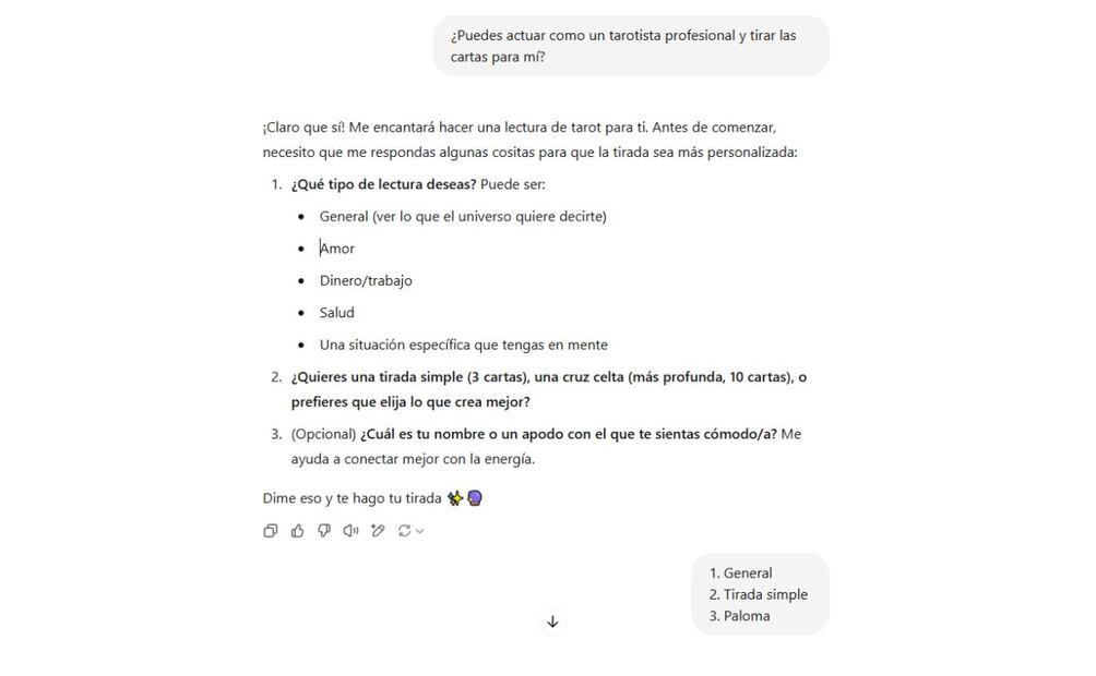 Cómo hacer que ChatGPT te lea las cartas del tarot. Imagen: captura de pantalla
