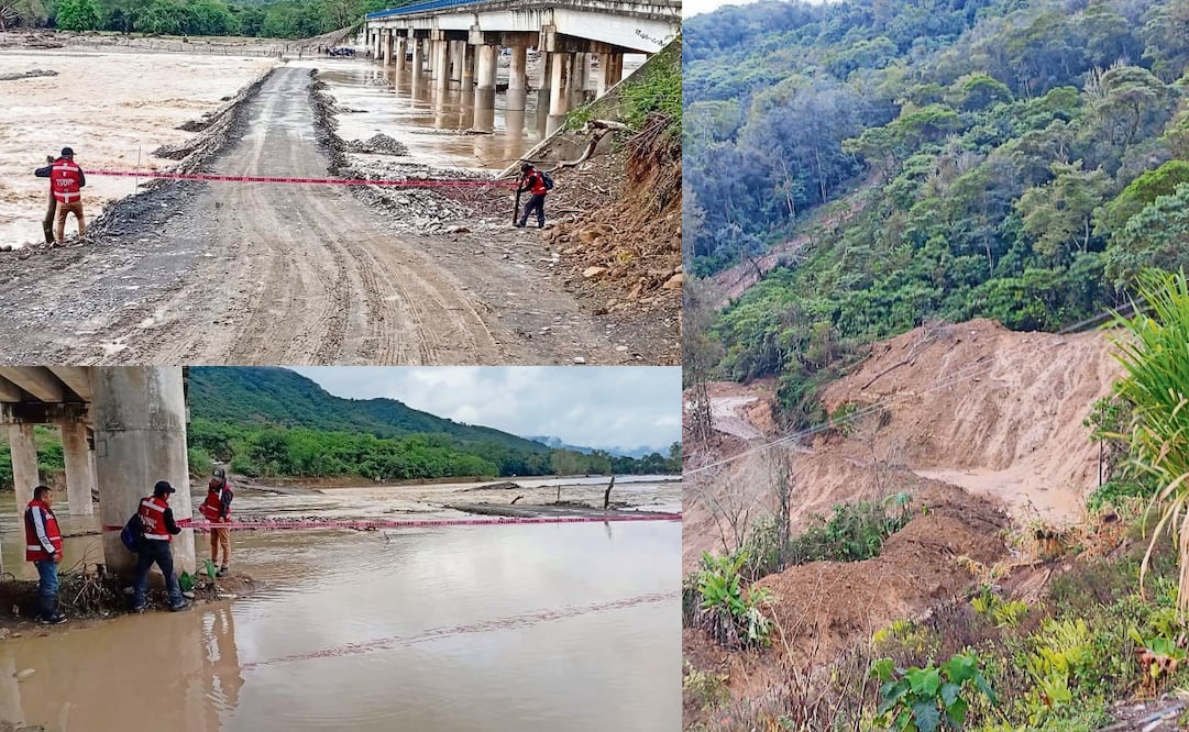 En el municipio de Xochiatipan, las autoridades cerraron el paso en el río Garcés ante la crecida. En Huehuetla, un camino quedó cerrado debido a un deslave. Fotos: Especial