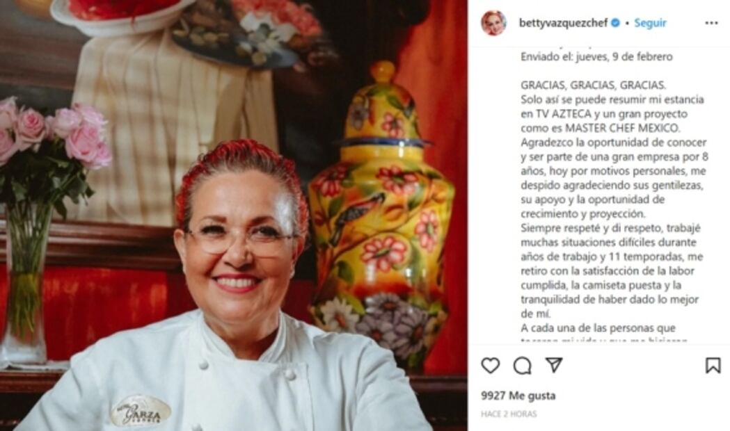 Chef Betty confirma su salida de "MasterChef": "Me retiro con la camiseta puesta"