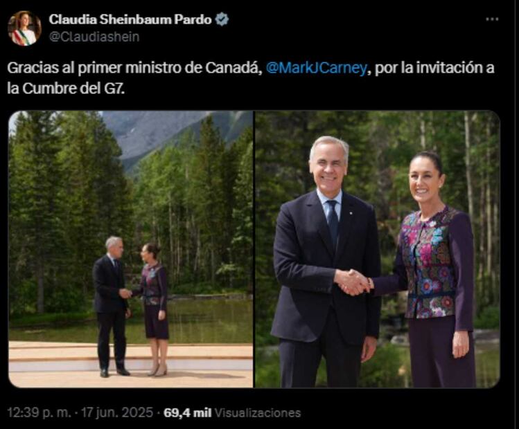 La presidenta Claudia Sheinbaum agradece al primer ministro de Canadá, Mark Carney, por la invitación al G7. Foto: Captura de pantalla de la cuenta de X de @Claudiashein